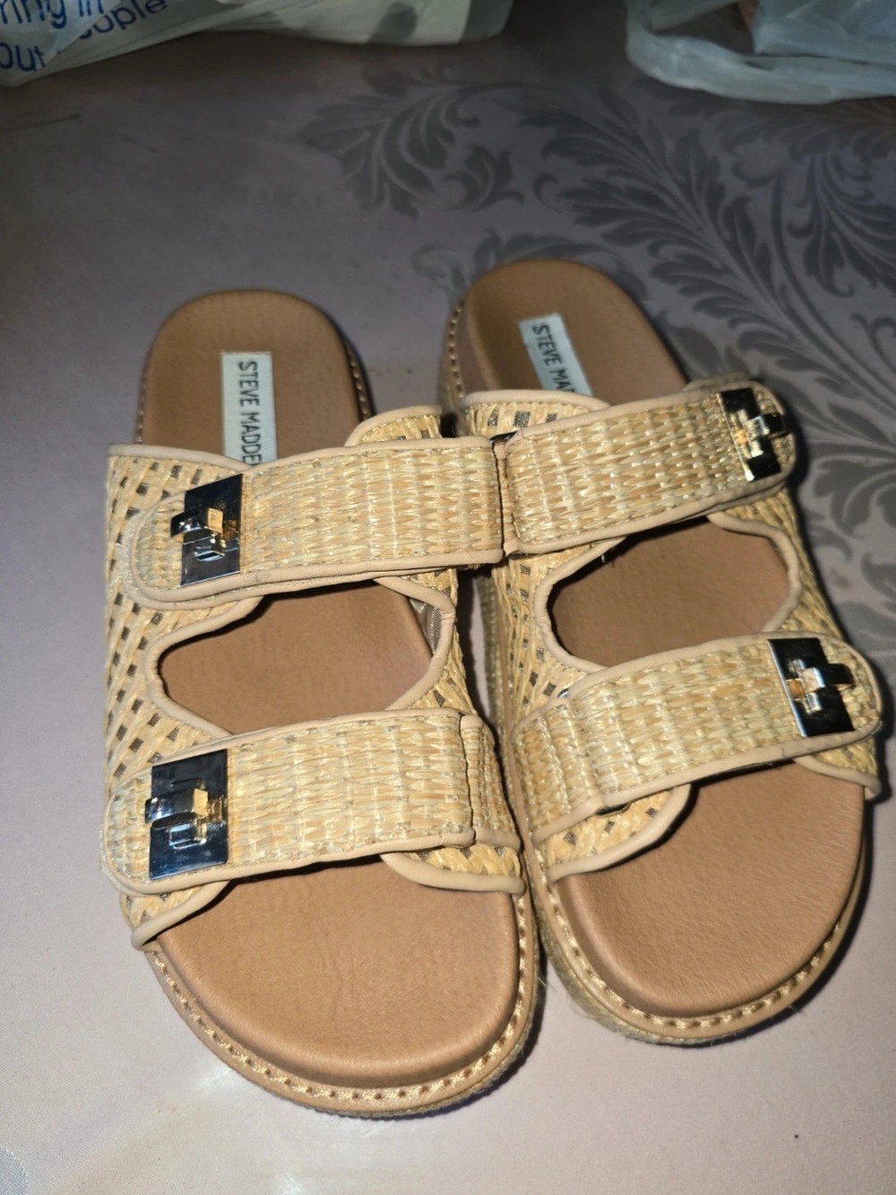 Steve Madden Beige Woven Slide Sandals